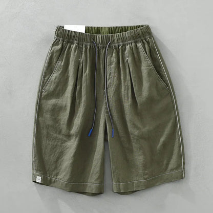 Men's solid colour linen shorts in loose straight drooping style on hanger