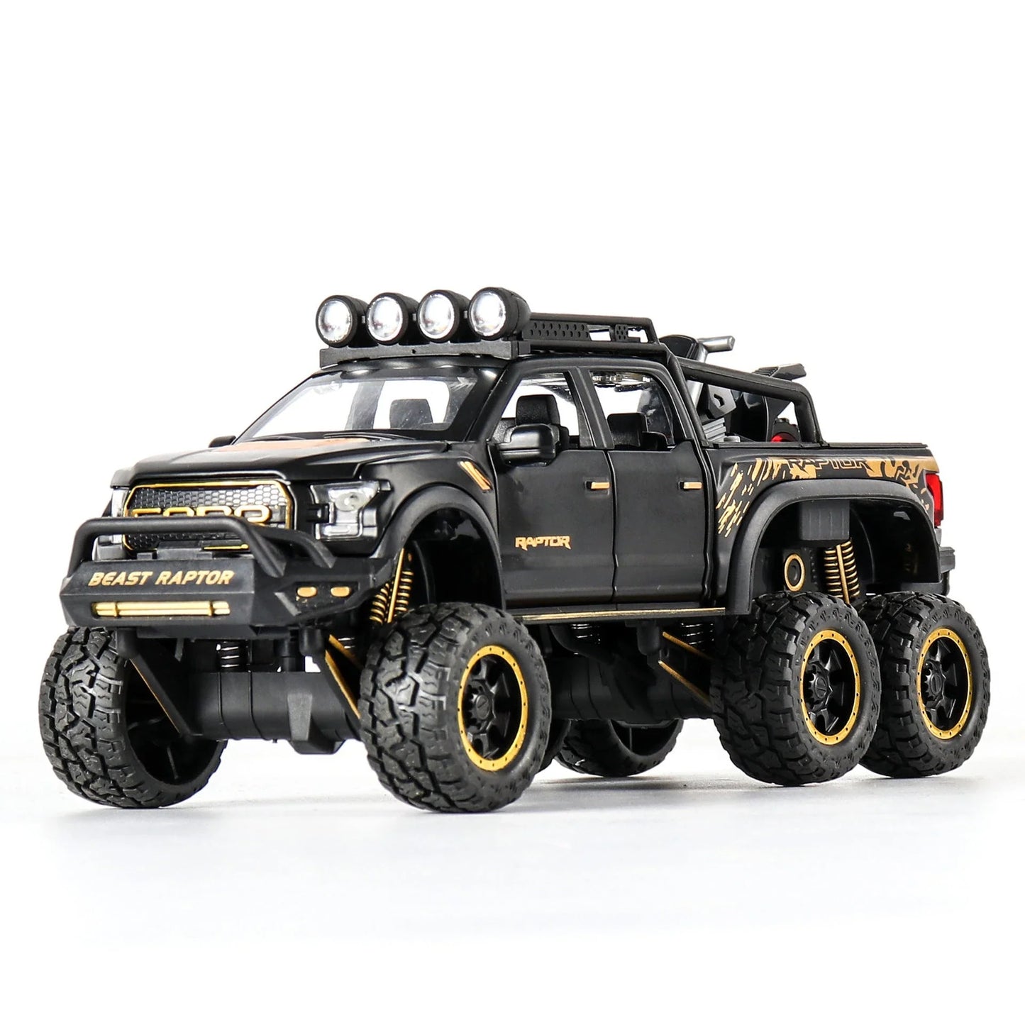 Realistic 1:28 scale Ford Raptor toy car with alloy body, lights, sounds, and pull-back action feature