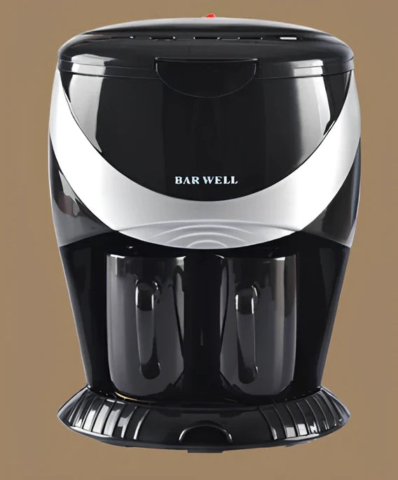 Automatic American coffee machine in black brewing two cups simultaneously with included 180ml ceramic cups and 5g spoon