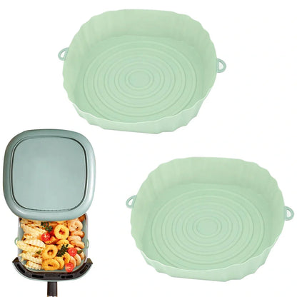 Silicone air fryer basket liner in light grey colour showing 4.5cm depth and flexible design for round air fryers