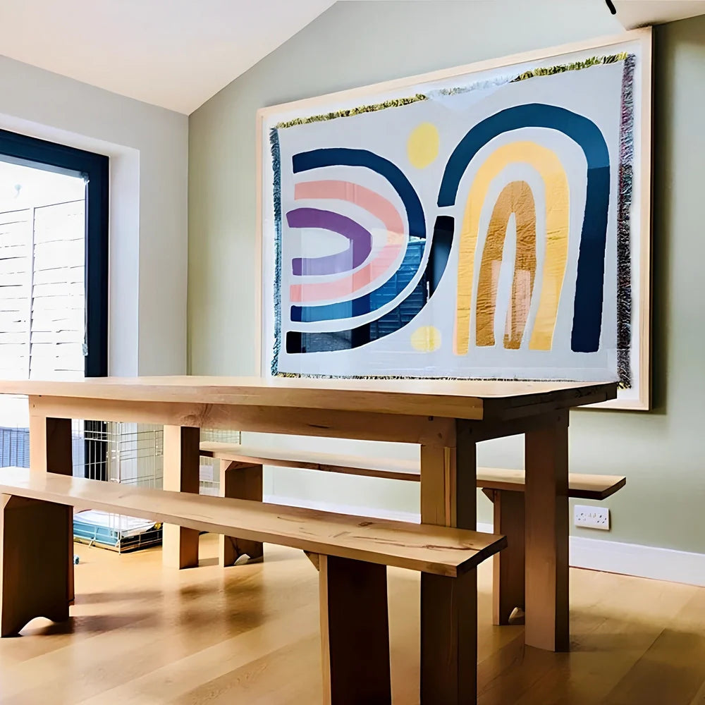 Bohemian rainbow geometric pattern tapestry blanket hanging on wall showing 120×150cm or 150×210cm dimensions