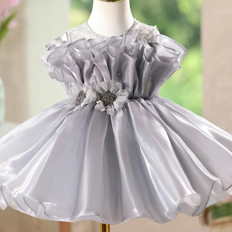 Girls sleeveless princess dress in smoky grey colour with round neckline, suitable for birthday celebrations