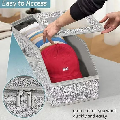 Grey foldable woven fabric storage box with dimensions 42cm by 22cm by 17cm for organising caps and sundries.