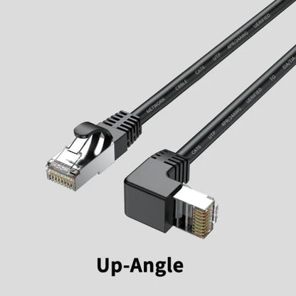 Black Cat6 Ethernet cable with a right-angled metal RJ45 connector, showing the 90-degree bend and cable length.