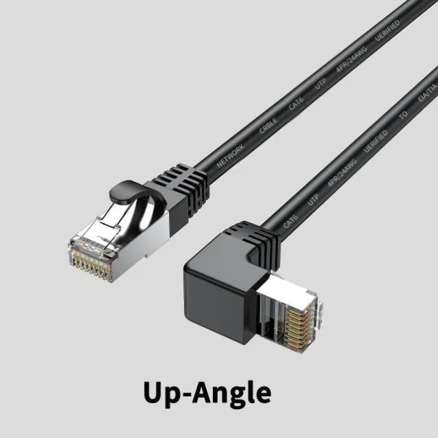 Black Cat6 Ethernet cable with a right-angle metal RJ45 connector lying flat on a wooden surface