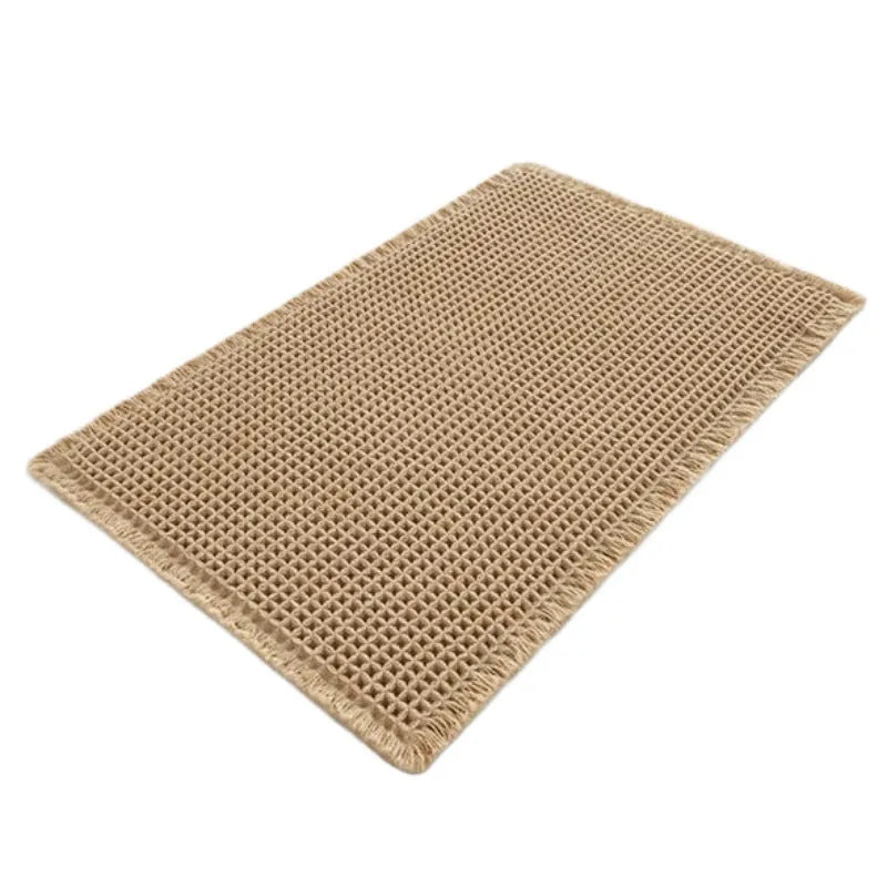 Checkered pattern non-slip bathroom carpet in beige colour with woven polyester construction