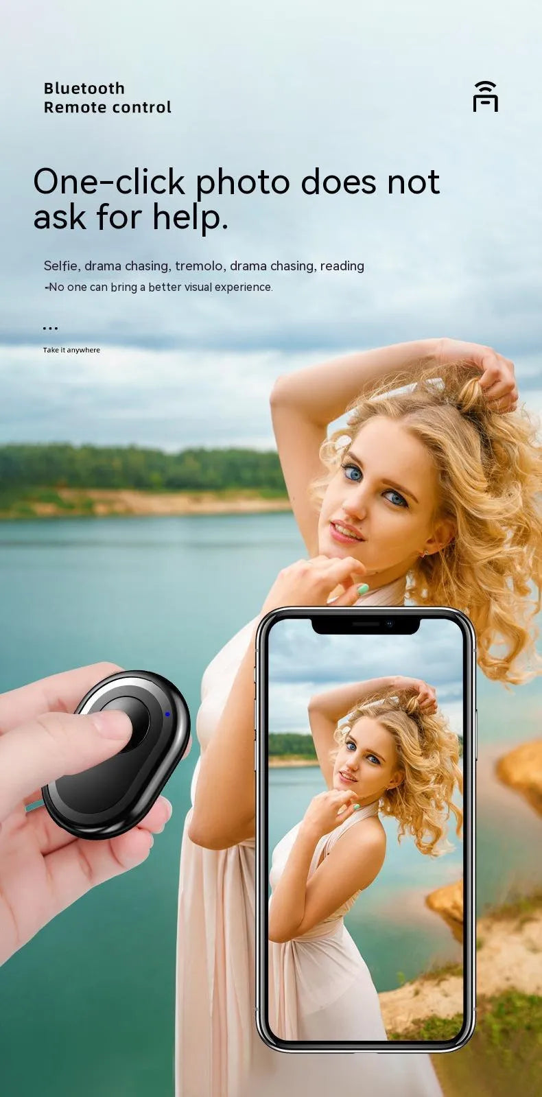 Small black wireless Bluetooth remote control for smartphone camera with self-timer function.