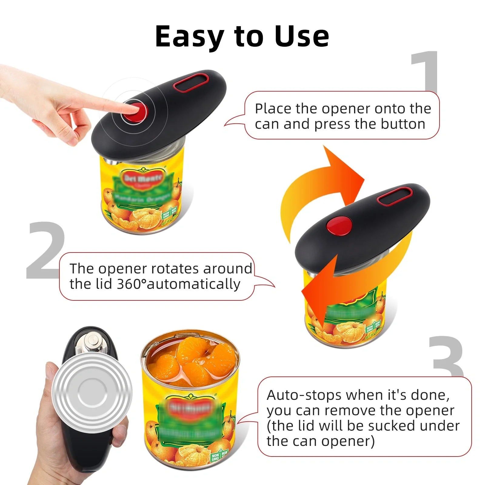 Cordless electric can opener with automatic stop and safety grooves