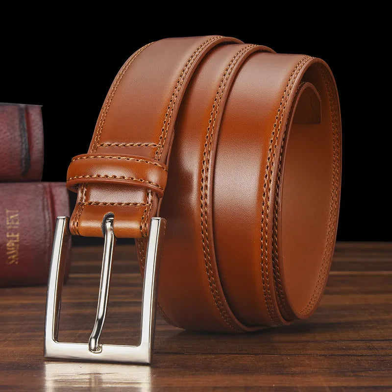 Men's genuine leather belt with pin buckle in classic black or brown casual style, featuring a two-layer cowhide construction and available in five lengths from 105cm to 125cm for a secure fit