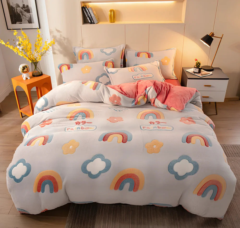 Four-piece velvet bedding set with quilt cover, bed sheet, and pillowcases for 1.8m bed in Bunny colour