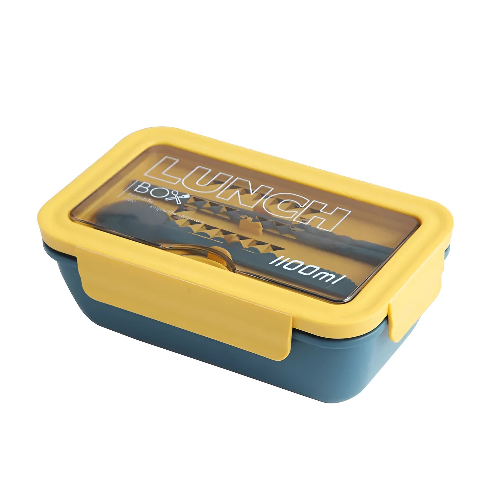 Green four-compartment plastic bento box with secure lid, showing internal partitions for separate food storage.