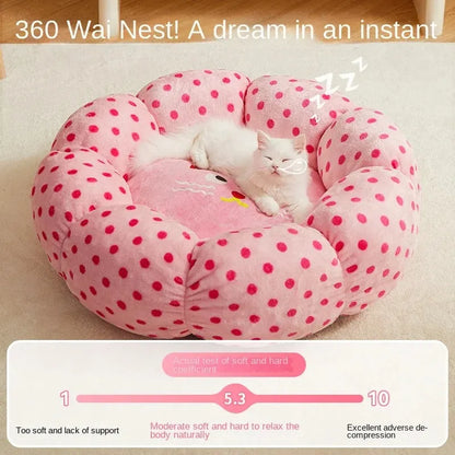 Pink dot pattern fabric cat bed shown in two size options: 45cm and 65cm diameter.