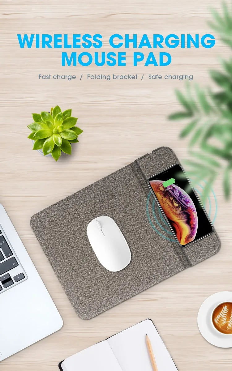Foldable cloth wireless phone holder charging a smartphone, showing compact storage design