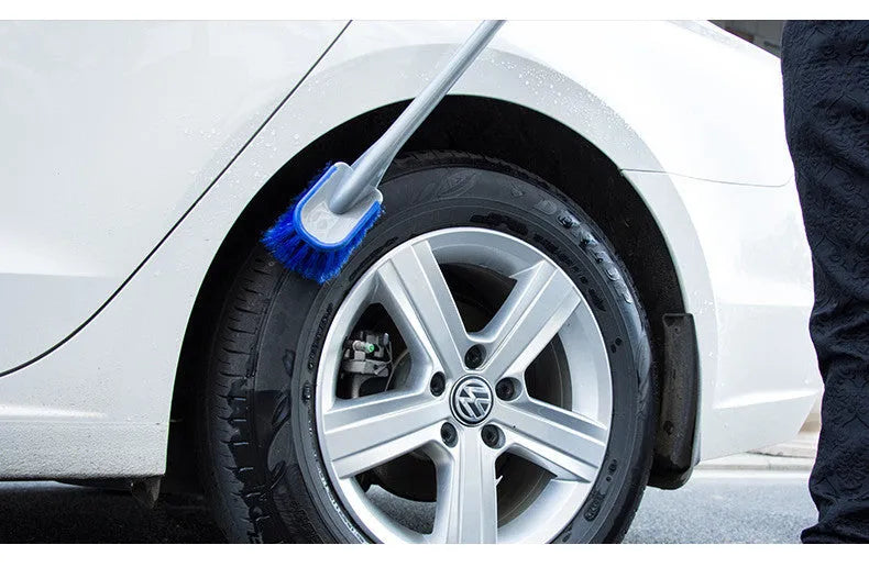 Car Tire Wheel Brush with Twisted Yarn Bristles and Extended Long Handle for Hub and Steel Ring Cleaning, Portable ABS Plastic PP Tool