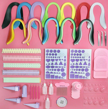 Paper craft kit showing gradient colour paper packs, paper winding disc, wave shaper, and tools in storage box