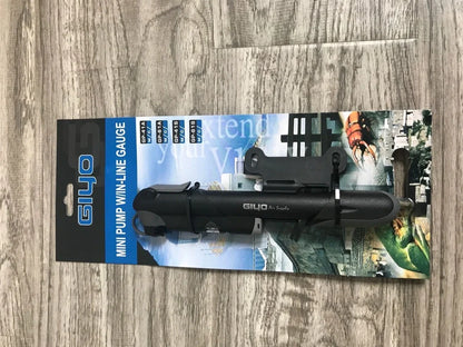 Black portable bicycle mini pump with pressure gauge, T-shaped handle, measuring 235mm long