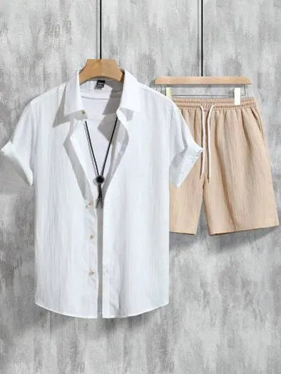 Men's 3D printed Hawaiian short sleeve shirt and matching shorts outfit set in elastic polyester fabric
