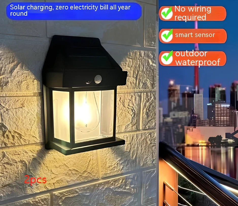 Black solar garden wall lamp with waterproof IP65 rating and automatic light sensor for outdoor installation