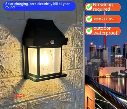 Black solar garden wall lamp with waterproof IP65 rating and automatic light sensor for outdoor installation