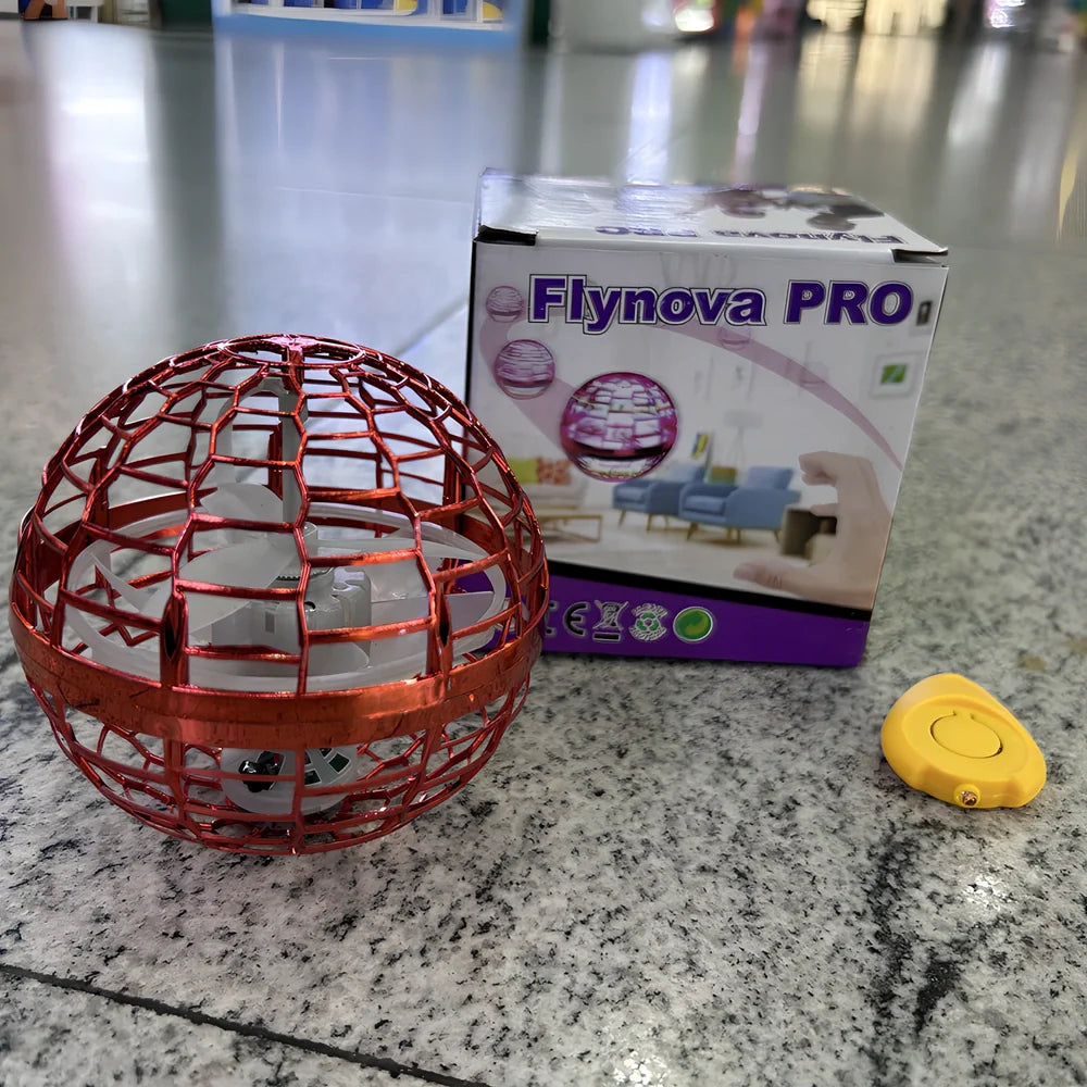 Magic Flying Ball interactive toy showing 9.5cm cube design with remote control and ring attachment options