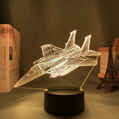 Custom 3D airplane hologram night light with optical acrylic panel and ABS base showing colour-changing illumination