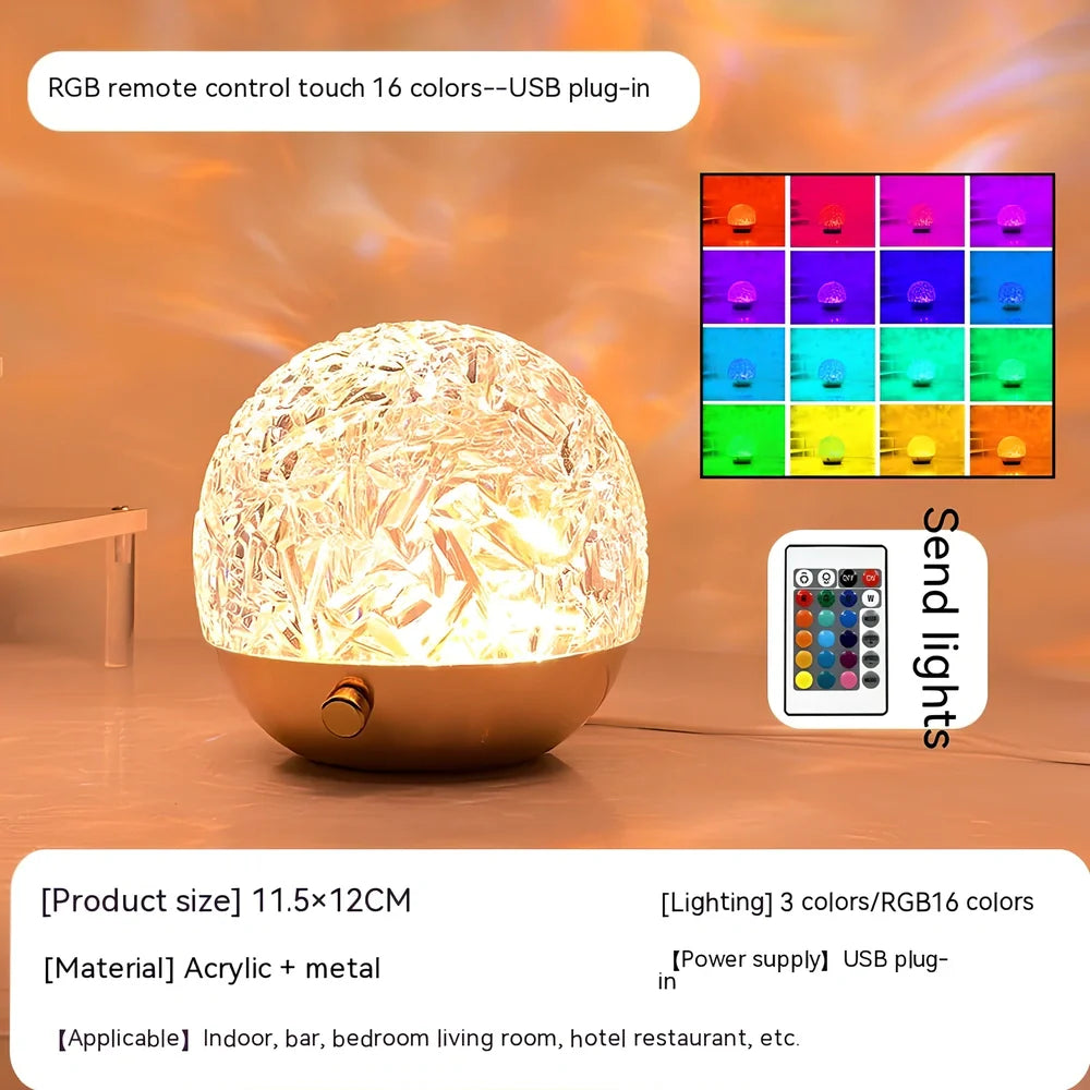 Spherical water ripple projector night light with touch controls creating colourful aurora patterns on wall