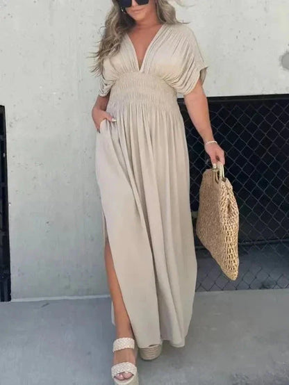 Stylish bat-sleeve v-neck slit dress in a variety of colors, including khaki, black, wine red, dark blue, and caramel