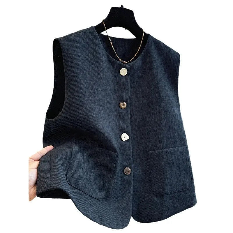 Women's round-neck sleeveless bandage vest in milky white, shown on a model.