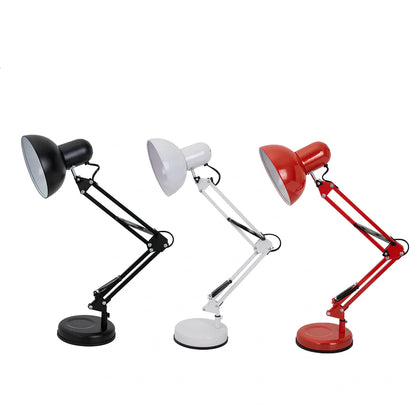 Black iron adjustable swing arm desk lamp with clip base and E27 socket, extended 40cm for workspace lighting