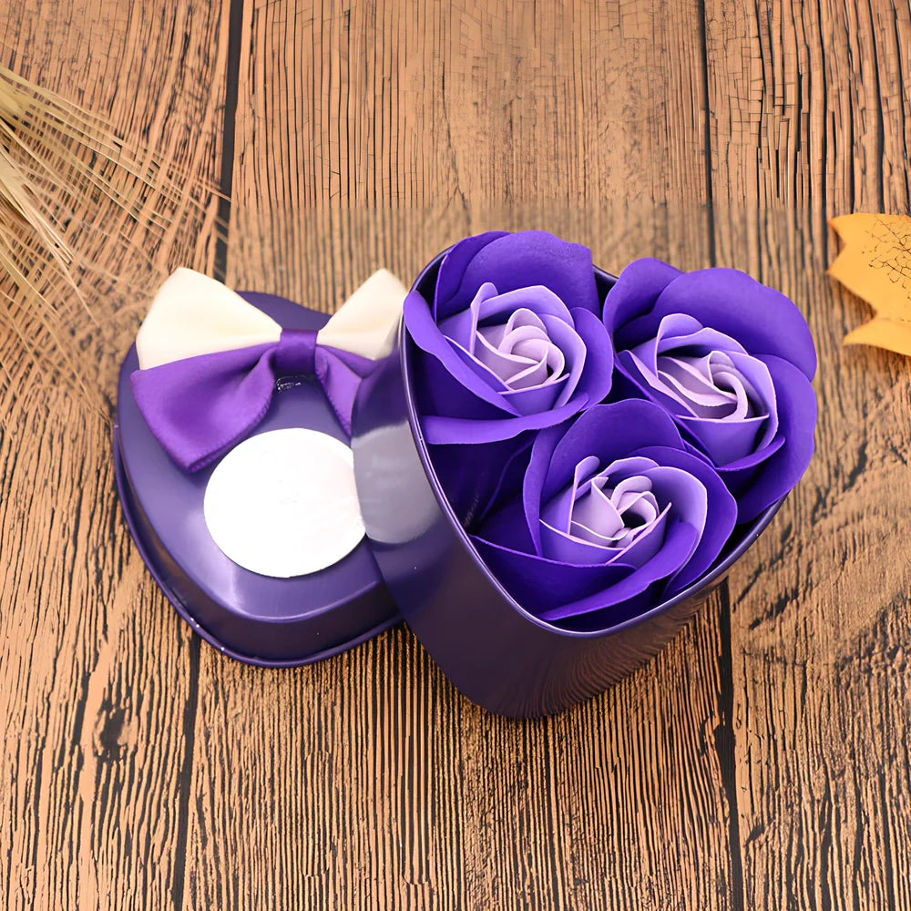 Handmade soap flower gift box in red heart-shaped tin with three blooms and bear, 12x12x5 cm for Valentine's Day