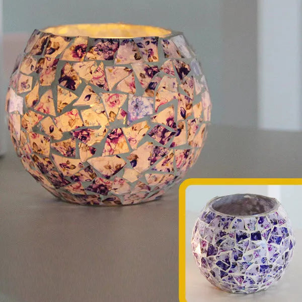 Mosaic glass candle holder in vibrant colors with elegant mosaic pattern