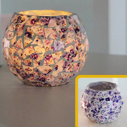 Mosaic glass candle holder in vibrant colors with elegant mosaic pattern