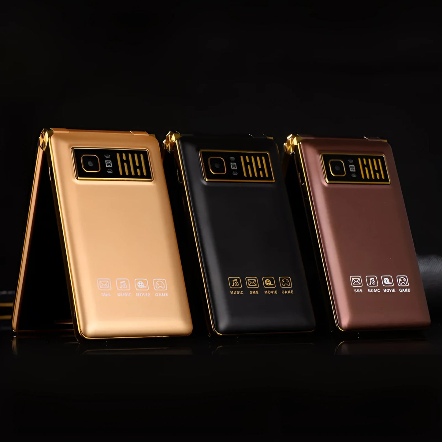 Black dual screen flip senior mobile phone showing internal touch display and external smaller screen