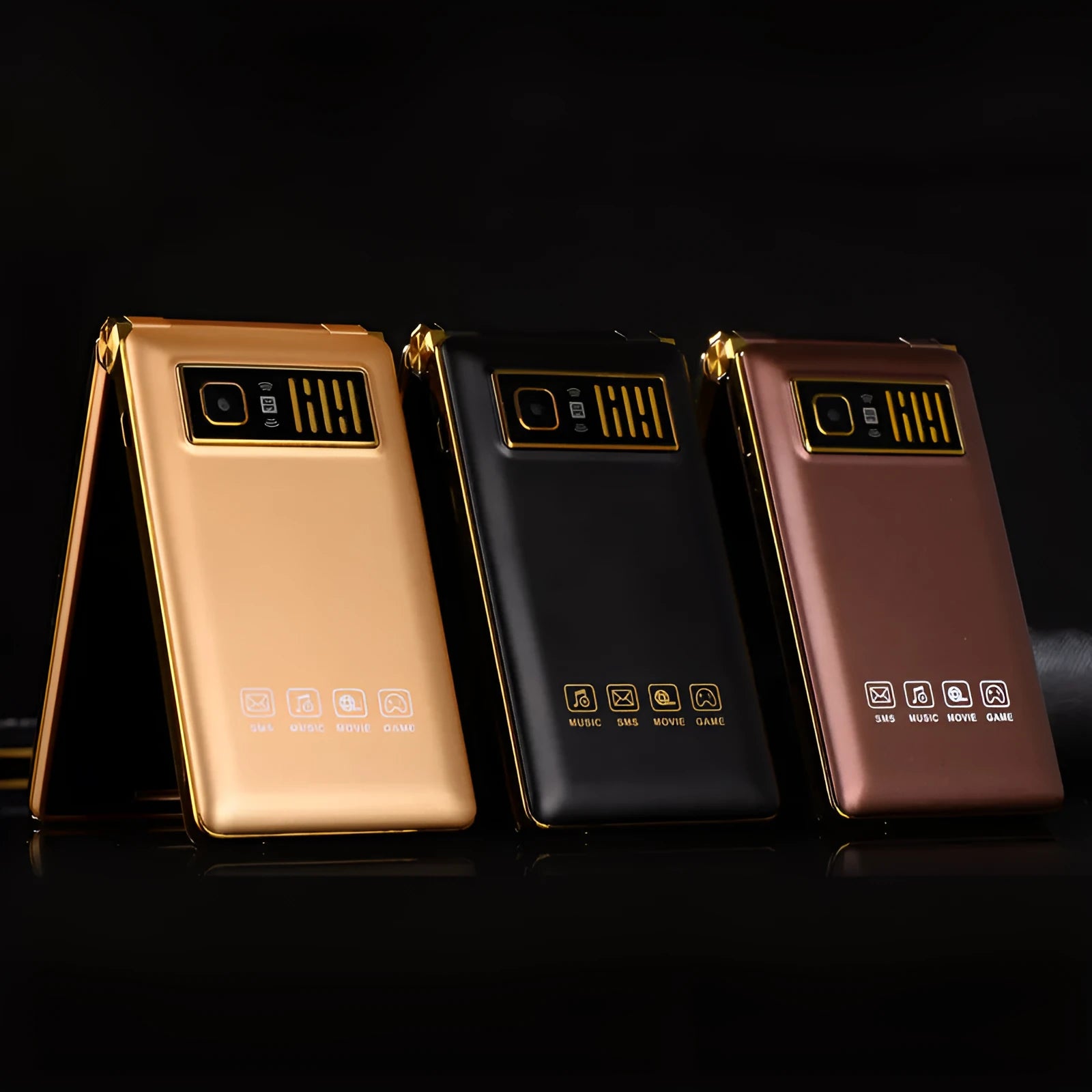 Black dual screen flip senior mobile phone showing internal touch display and external smaller screen