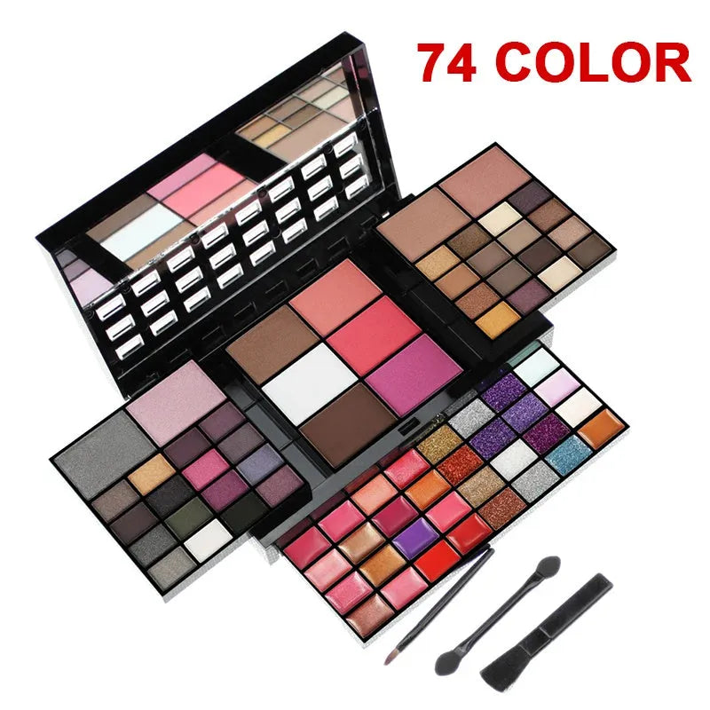74 colour makeup palette open to show eyeshadows, lip glosses, and face powders with included brushes