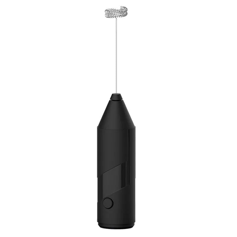 Mini handheld milk frother in black, white or khaki colour with stainless steel whisk and USB charging