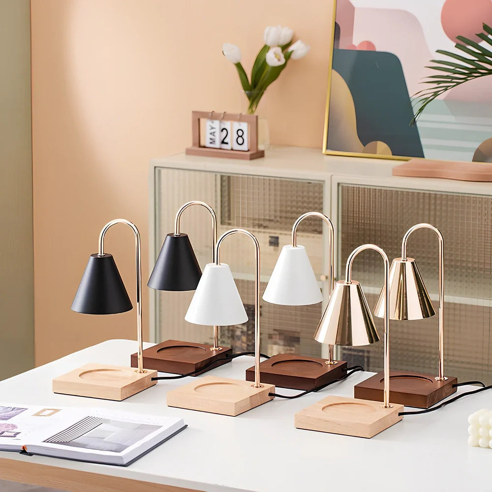 Wooden aromatherapy wax melting lamp with dimmable lighting and iron art metalwork