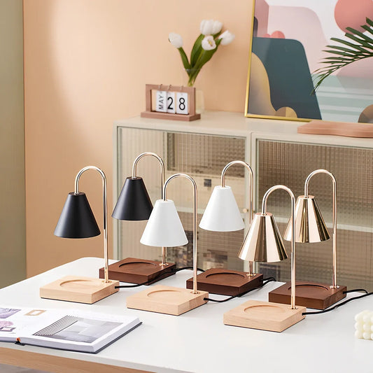 Wooden aromatherapy wax melting lamp with dimmable lighting and iron art metalwork