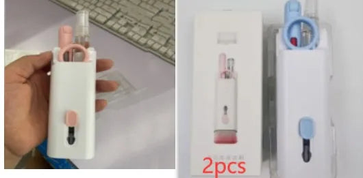 Multifunctional white cleaning pen kit open to show silicone tip, brush, keycap puller, and spray bottle for electronics.