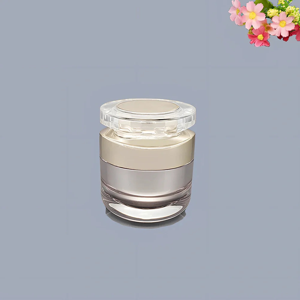 Acrylic cosmetics bottles in champagne gold and brushed white with vacuum sealing, various sizes from 5g to 120ml