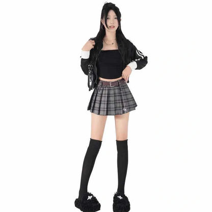 High-waisted cotton A-line skirt with pleated design in black plaid pattern, showing spandex blend stretch and A-line silhouette