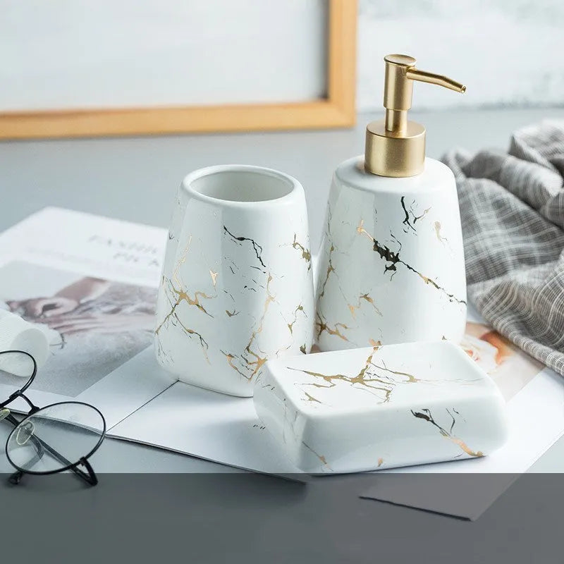 Ceramic bathroom wash set in porcelain with decal decoration, available in black, blue or white colours