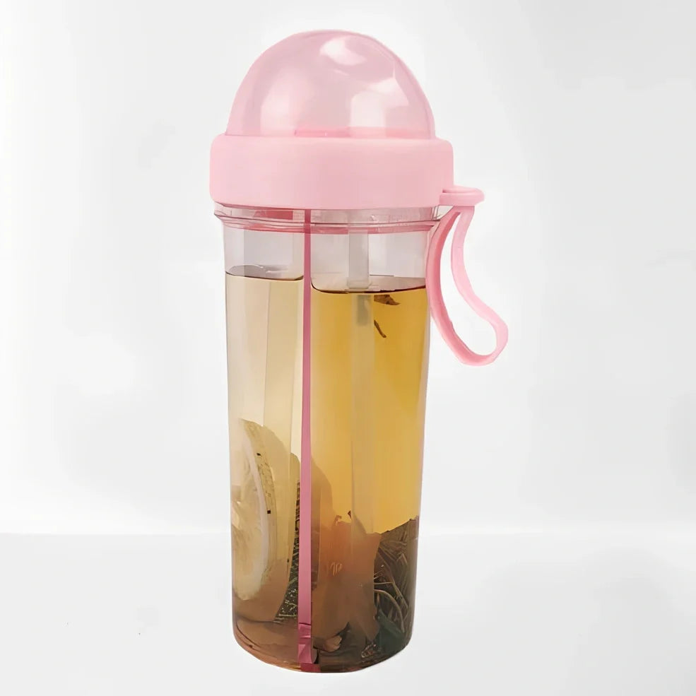 Double tube water bottle showing capacity options and colour choices including blue, green, pink, and white