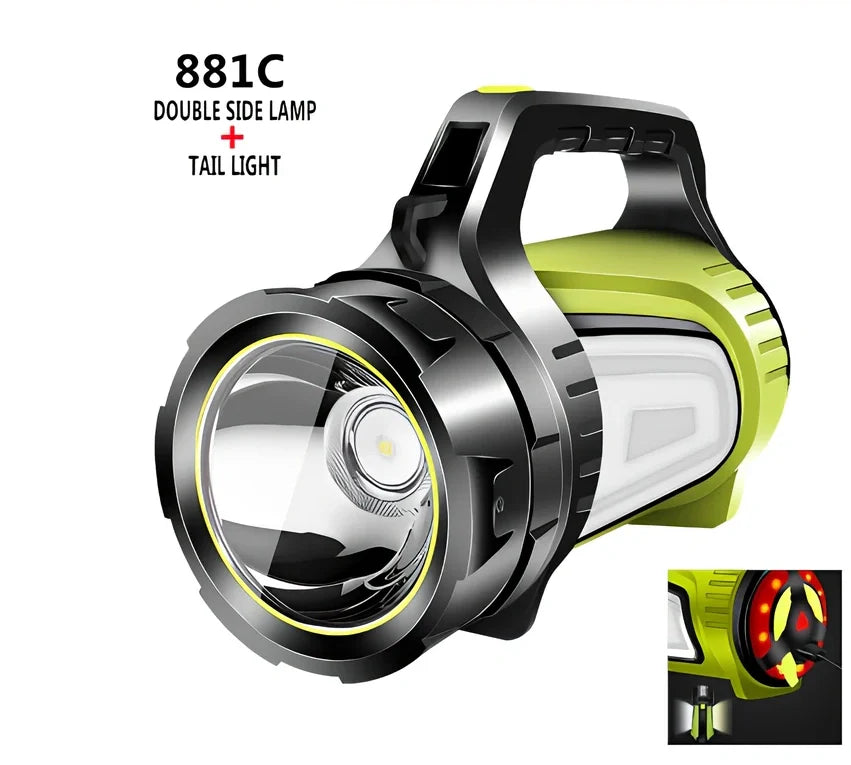 Portable LED flashlight with adjustable strap showing 6000 lumens brightness and 800m range specifications