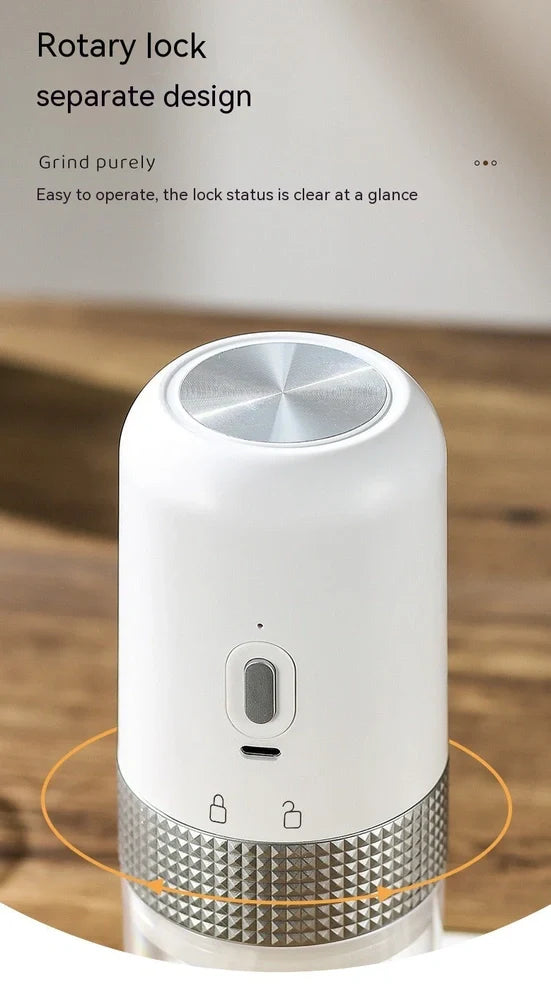 Electric coffee grinder in bright yellow, calm grey, elegant black, or elegant white with 25g bean capacity and TYPE-C charging port