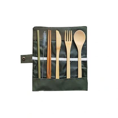 Green black reusable bamboo utensils set including 20cm spoon fork knife straw chopsticks brush and 22x19cm pouch for travel
