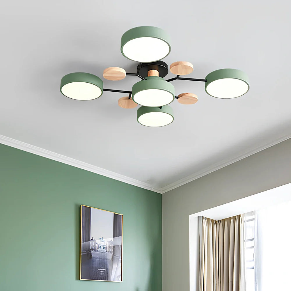 Modern round acrylic LED ceiling light with Scandinavian design in green, grey, or white colours