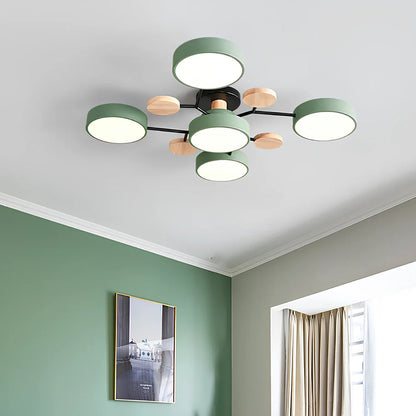 Modern round acrylic LED ceiling light with Scandinavian design in green, grey, or white colours