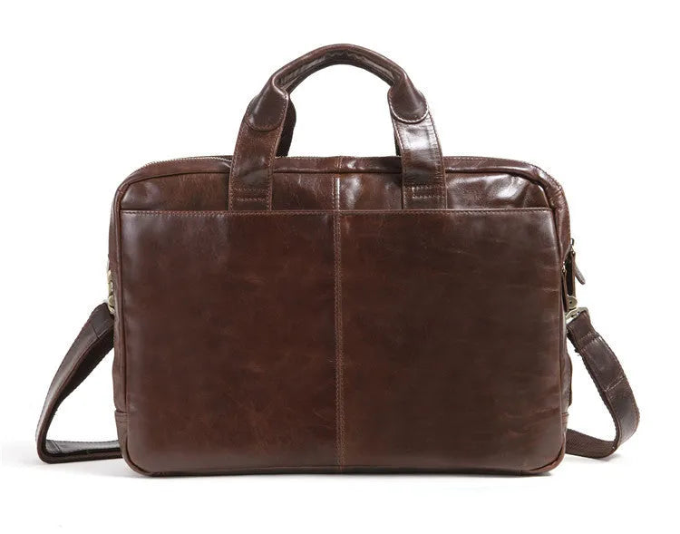 Brown men's leather business briefcase with an 18-inch size and polyester cotton lining.