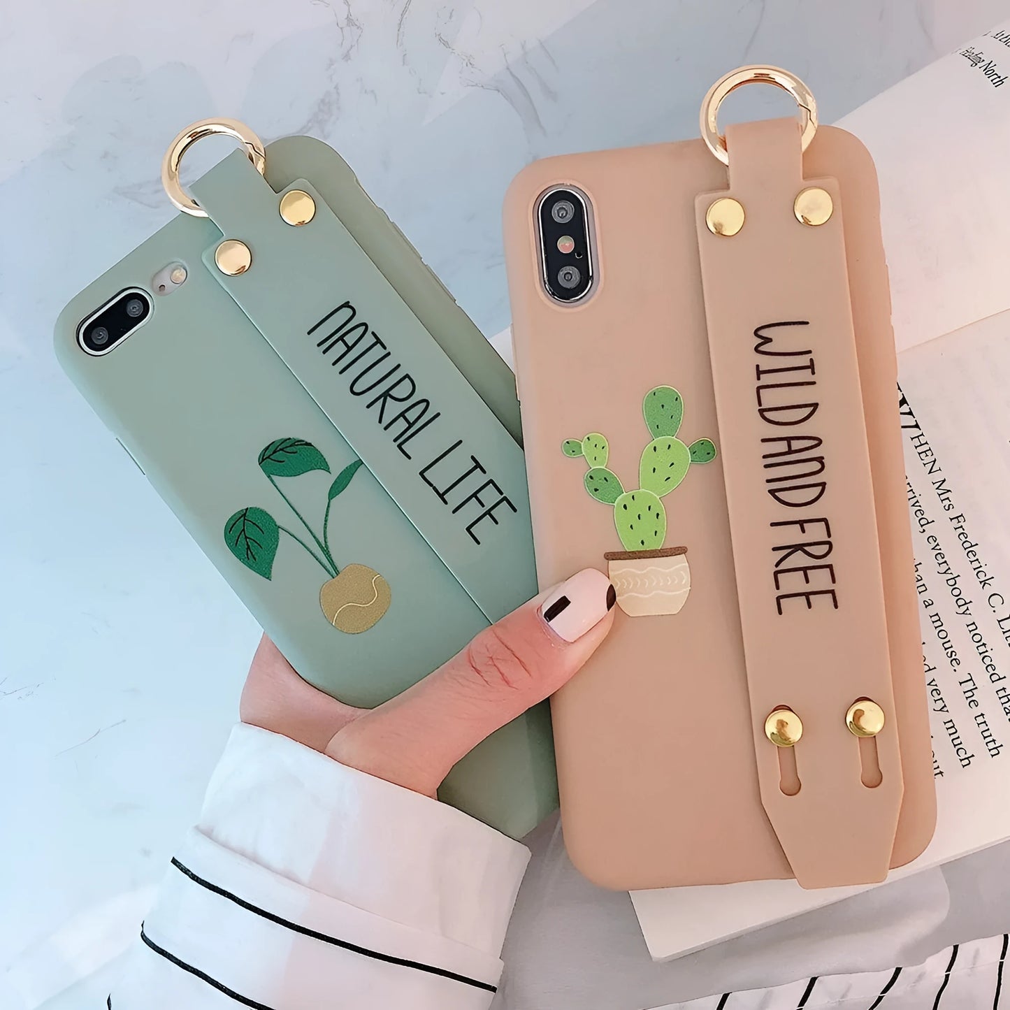 Green graffiti pattern wristband holder phone case for iPhone showing integrated wrist strap and back cover design
